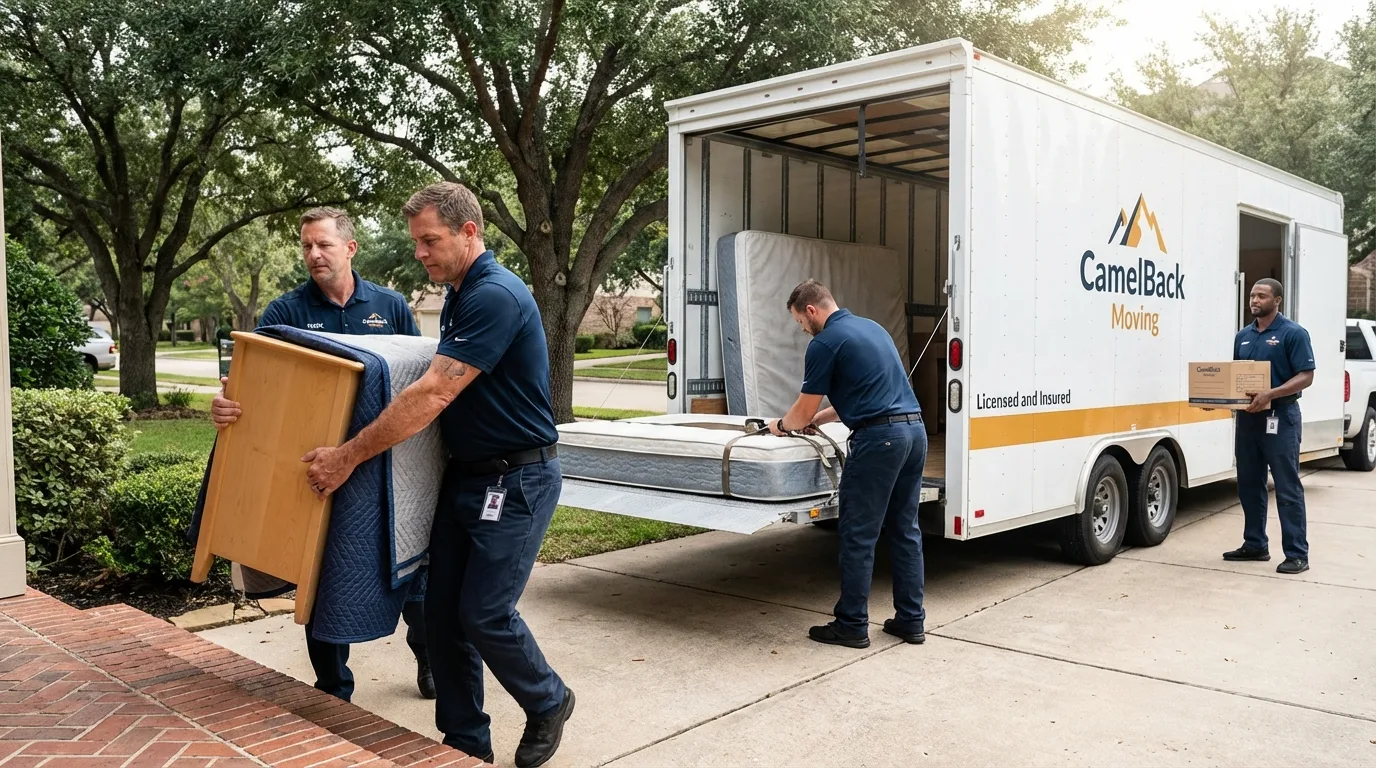 Crew loading residential truck for cross-state move from Lake Arrowhead, CA