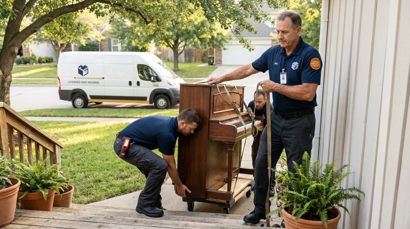 Licensed piano movers securing grand piano in Lake Arrowhead, CA