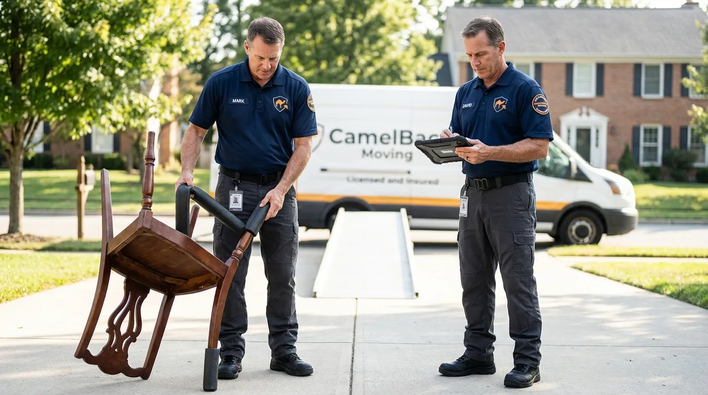 Movers inspecting furniture for damage prevention before loading in Lake Arrowhead, CA